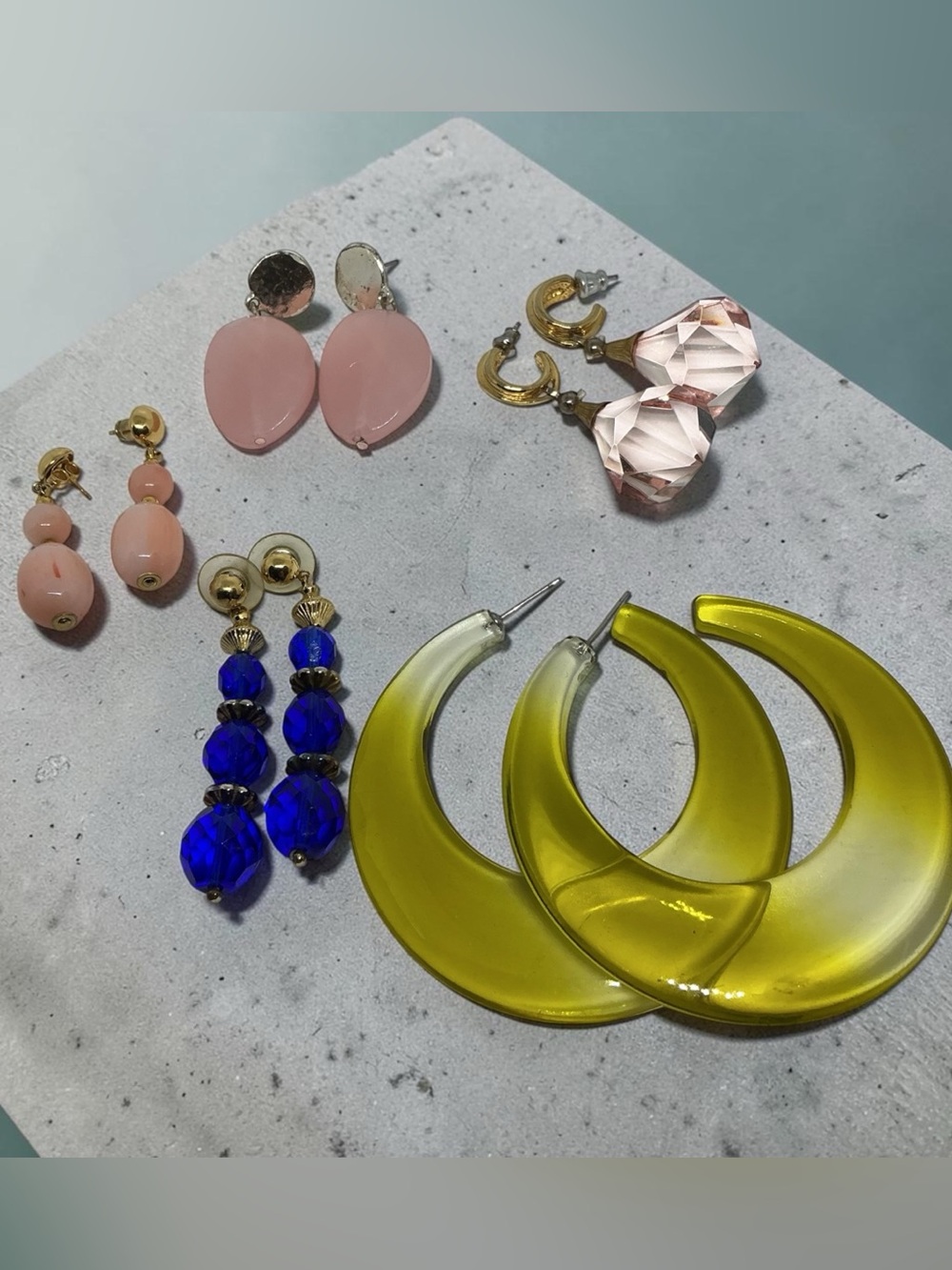 Vintage Acrylic & Lucite Post Earrings Lot of 5 Pairs Pink Blue Yellow Hoop